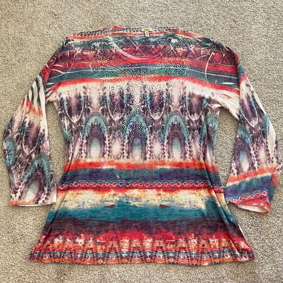 Y2K Boho Chic Embroidered Artsy Multicolor Rhinestone Stretchy Top - Picture 5 of 9